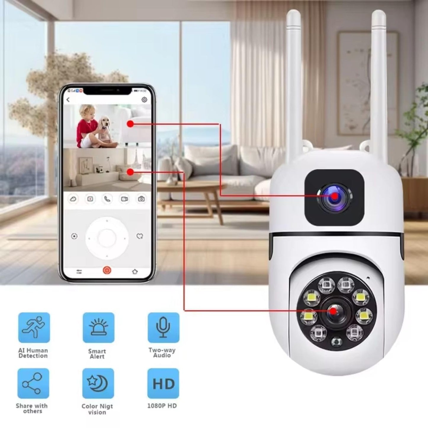 Mini Dual Lens/Screen 2in1 PTZ Bullet 5.5MP Full HD 1920 Resolution WiFi Wireless Indoor Camera, Two-Way Talk, Colour Light Vision, Human/Motion Detection, 360° View,