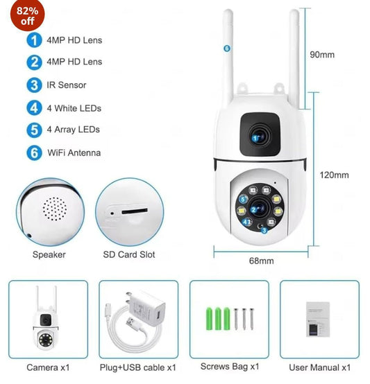 Mini Dual Lens/Screen 2in1 PTZ Bullet 5.5MP Full HD 1920 Resolution WiFi Wireless Indoor Camera, Two-Way Talk, Colour Light Vision, Human/Motion Detection, 360° View,