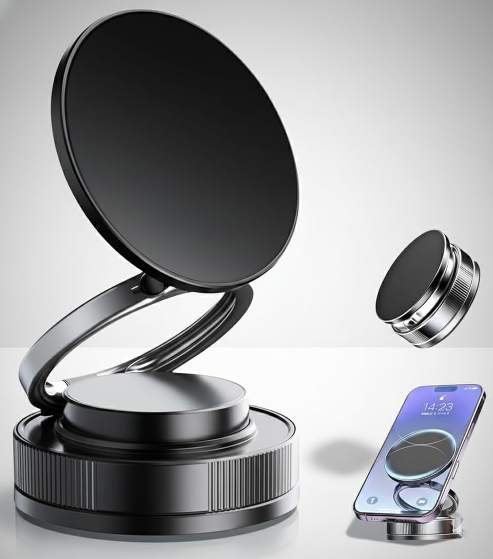 360° Magnetic Vacuum Phone Mount | Strong Magnetic Car & Desktop Holder | Universal Smartphone Compatible | Shockproof, Stable Grip, Multi-Surface Suction Mount