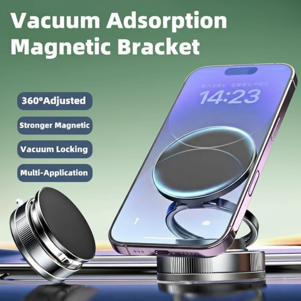 360° Magnetic Vacuum Phone Mount | Strong Magnetic Car & Desktop Holder | Universal Smartphone Compatible | Shockproof, Stable Grip, Multi-Surface Suction Mount